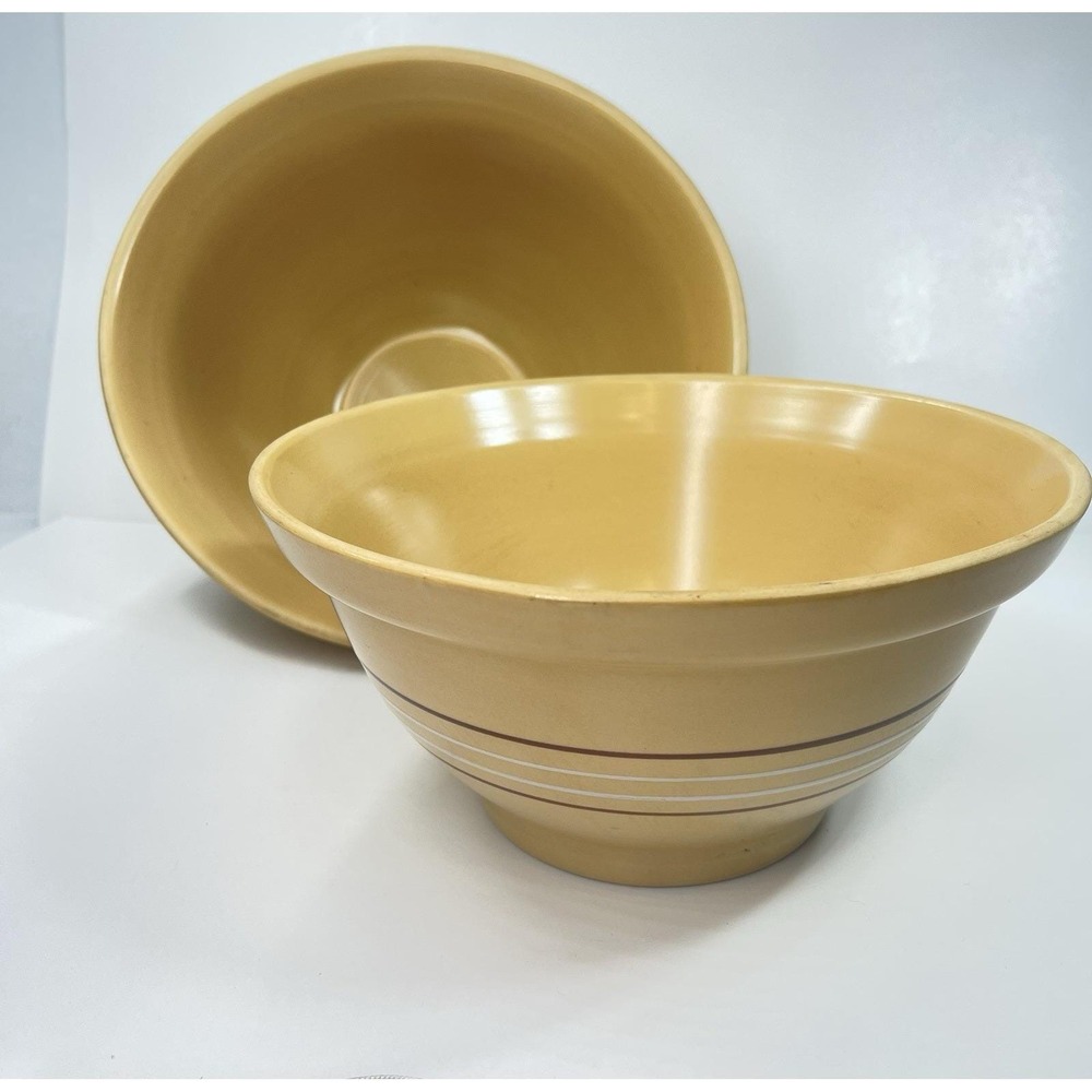 Vintage Over & Back Melmac Yellow Ware Mixing Bowl Set 9" & 11" Tan Stripe USA